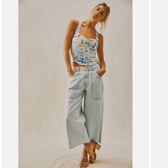 Free People Piper Striped Print Mid Rise Cropped Wide Leg Jeans - Picture 3 of 16